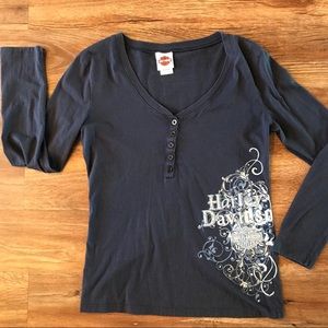 Harley Davidson V Neck Long Sleeve Tee - Navy XL